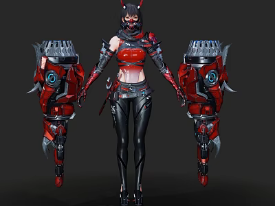 Futuristic Cyberpunk Woman In Red Top Black Tight Pants And Mechanical Arms 3d model