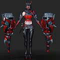 Futuristic Cyberpunk Woman In Red Top Black Tight Pants And Mechanical Arms