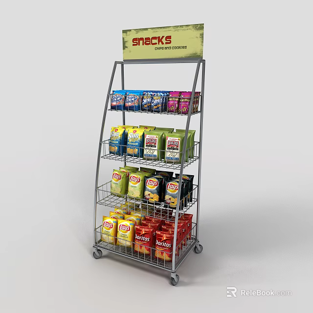 Mobile Snack Display Shelf With Multiple Tiers Holding Various Snack Products 3d model