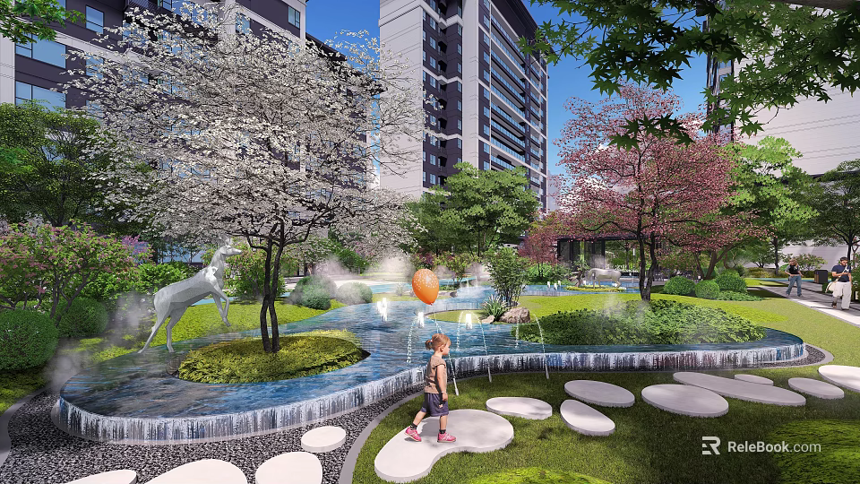 Garden Landscape with High Rise Buildings Blooming Trees Deer Sculpture Stream Fountain and Stepping Stones 3d model 
