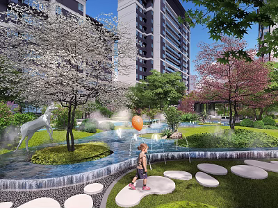 Garden Landscape with High Rise Buildings Blooming Trees Deer Sculpture Stream Fountain and Stepping Stones 3d model
