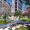 Garden Landscape with High Rise Buildings Blooming Trees Deer Sculpture Stream Fountain and Stepping Stones