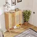 Wooden Shoe Cabinet With Woven Rattan Doors In Entryway Featuring Decor And Potted Plant