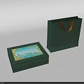 Open Green Daily Supplies Box And Shopping Bag With Landscape Pattern And Orange Handle