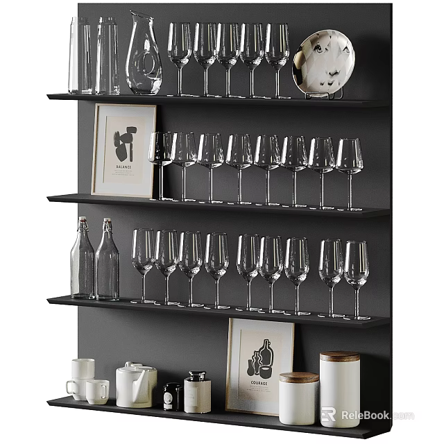 Wine Bottles And Wine Glasses Display On Black Shelves With Decorative Artwork 3d model 