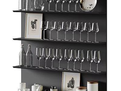 Wine Bottles And Wine Glasses Display On Black Shelves With Decorative Artwork 3d model