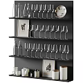 Wine Bottles And Wine Glasses Display On Black Shelves With Decorative Artwork