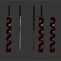Five Decorative Knives With Red Spiral Handles And Metallic Blades Against Grey Gradient Background