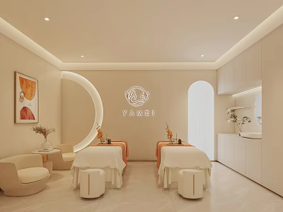 SPA Sauna Interior Design With Curved Elements Massage Tables And Light Colored Decor 3d model