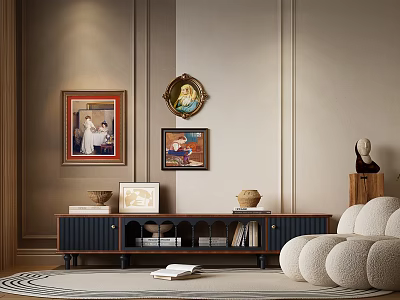 Modern Wooden TV Stand In Living Room With Framed Paintings Books And Sofa 3d model