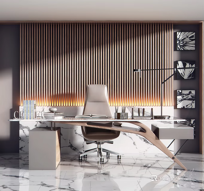 Modern Office Desk With Marble Top Wooden Slat Wall Modern Chair And Lamp 3d model 