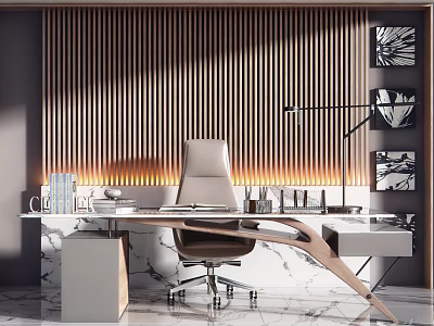 Modern Office Desk With Marble Top Wooden Slat Wall Modern Chair And Lamp 3d model