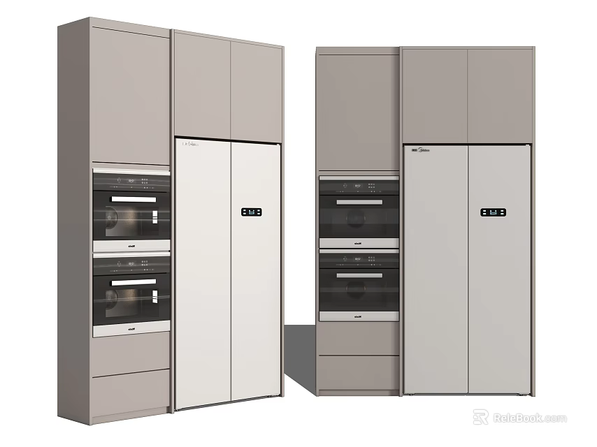 Modern Built in Refrigerator Freezer With Sleek Gray White Kitchen Cabinets 3d model 