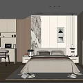 Modern Bedroom Interior With Comfortable Bed Framed Art Bedside Tables And Area Rug