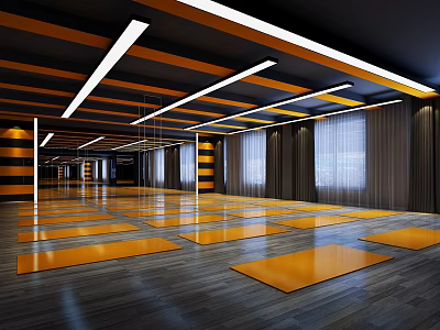 Spacious Fitness Workout Studio With Orange Mats Black Orange Ceiling And White Lights 3d model