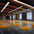 Spacious Fitness Workout Studio With Orange Mats Black Orange Ceiling And White Lights