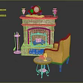 Pink Marble Fireplace With Vases Clock Floor Lamp Yellow Armchair And Small Round Table