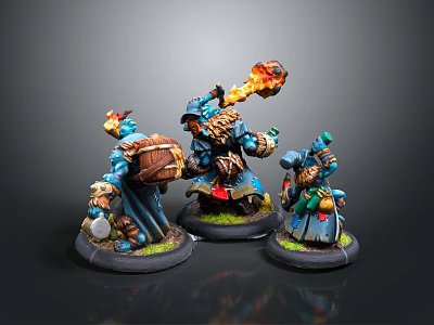 Painted Blue Fantasy Character Miniatures With Flaming Weapons And Dynamic Poses 3d model
