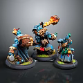 Painted Blue Fantasy Character Miniatures With Flaming Weapons And Dynamic Poses