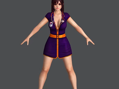3D Video Game Movie Female Character In Purple Dress With Orange Belt Standing Arms Outstretched 3d model