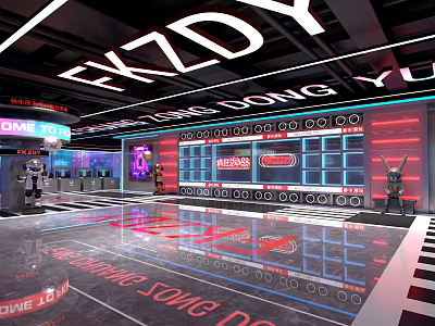 Modern Showroom Interior With Neon Lights Display Cabinets And Glossy Floor Design 3d model