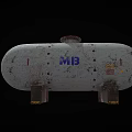 Rusty White Storage Tank With Blue MB Logo Red Number 1 And Base Stands