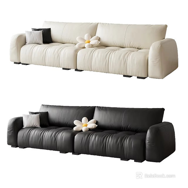 Modern Two Seater Leather Upholstered Sofa Beige Black with Pillow Flower Decoration 3d model 