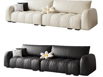 Modern Two Seater Leather Upholstered Sofa Beige Black with Pillow Flower Decoration 3d model