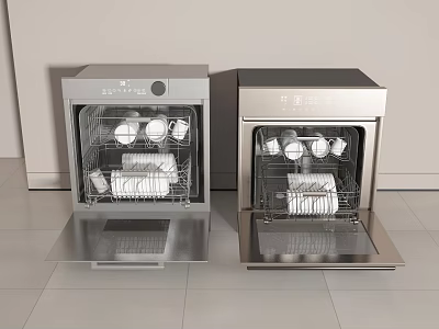 Two Modern Stainless Steel Kitchen Dishwashers With Open Door And Dishes 3d model