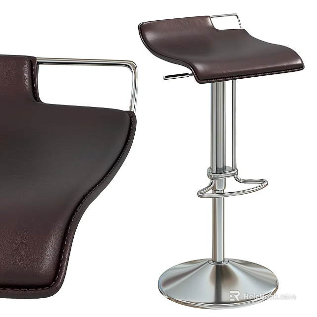 Modern Dark Brown Leather Bar Stool With Chrome Metal Base And Sleek Design 3d model 