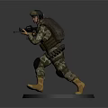 Game and Movie Character in Camouflage Uniform with Helmet Backpack Weapon Standing on Circular Base
