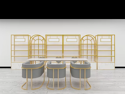 Elegant Dressing Table With Gold Frame Glass Top And Gray Stools In Modern Interior 3d model