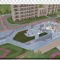 Residential Garden Landscape With Colorful Activity Area Trees Paths And Children's Play Facilities