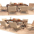 Wooden Outdoor Dining Table With Beige Cushioned Chairs And Fruits On A Rug