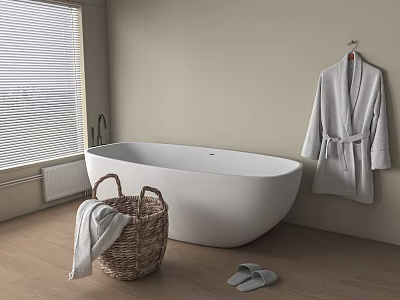 Stylish Bathtub In Bathroom With Wicker Basket Towel Hanging Bathrobe And Slippers 3d model