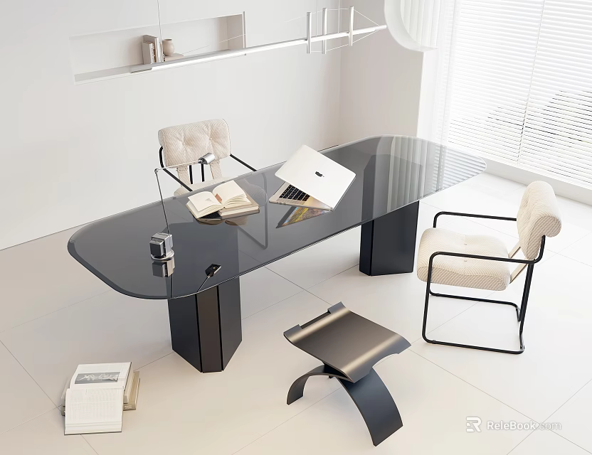 Modern Black Glass Top Desk With Metal Legs And Beige Padded Chairs 3d model 