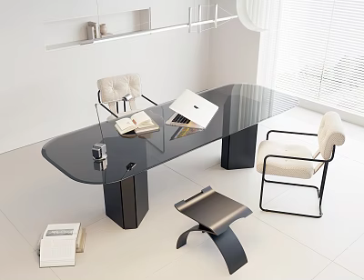 Modern Black Glass Top Desk With Metal Legs And Beige Padded Chairs 3d model