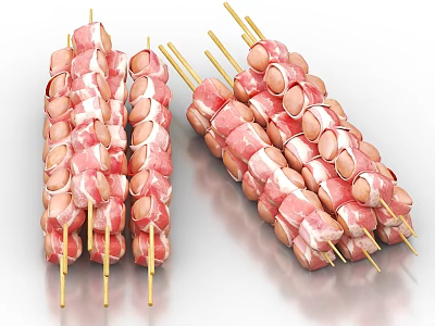 Fresh Mutton Skewers on Bamboo Sticks with Meat and Fat Chunks 3d model