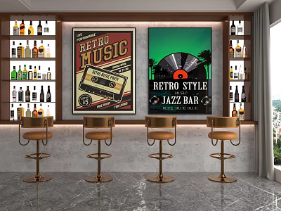 Retro Jazz Bar Counter Featuring Music Posters Vinyl Record And Stylish Stools With Bottle Shelves 3d model