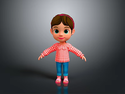 Cartoon Girl With Brown Hair Red Headband Red Plaid Shirt Blue Pants Pink Shoes 3d model