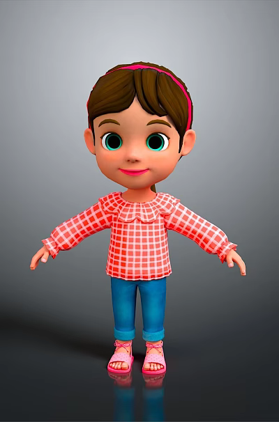 Cartoon Girl With Brown Hair Red Headband Red Plaid Shirt Blue Pants Pink Shoes 3d model