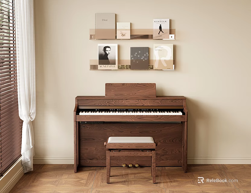 Wooden Piano With Stool And Wall Shelves Displaying Decorative Paintings In Room Interior 3d model 