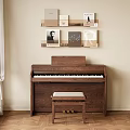 Wooden Piano With Stool And Wall Shelves Displaying Decorative Paintings In Room Interior