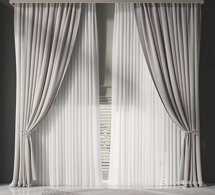 Elegant Gray Curtain With Sheer Window Panels And Draped Design 3d model