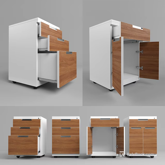 Modern Wooden And White Bedside Table Design With Drawers And Cabinets 3d model 