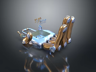 First Alchemist Character With Silver Gold Mechanical Claw And Reflective Surface 3d model