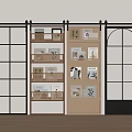 Black Frame Grid Sliding Doors With Open Bookshelves And Decorative Books