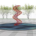 Spiral Red And Blue Sculpture In Circular Pool With Transparent Fence Green Trees Blue Sky