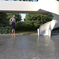 Modern White Spiral Staircase in Outdoor Garden with Woman and Lush Green Trees