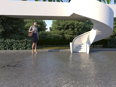 Modern White Spiral Staircase in Outdoor Garden with Woman and Lush Green Trees 3d model